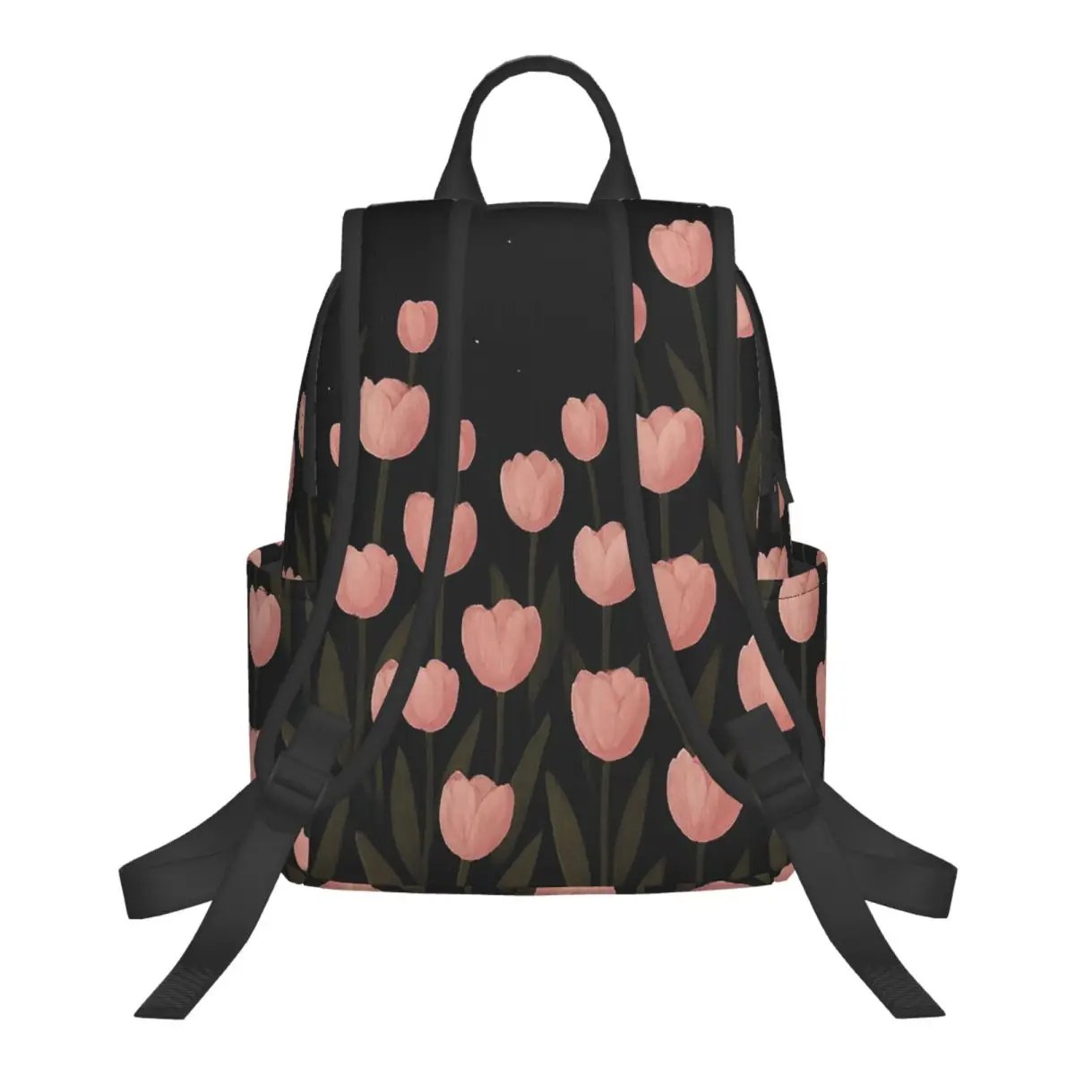 Pink Tulip Green Leaf In Black Background Student Backpack School Bag Hiking Travel Daypack for Men Women Bookbag Shoulder Bags