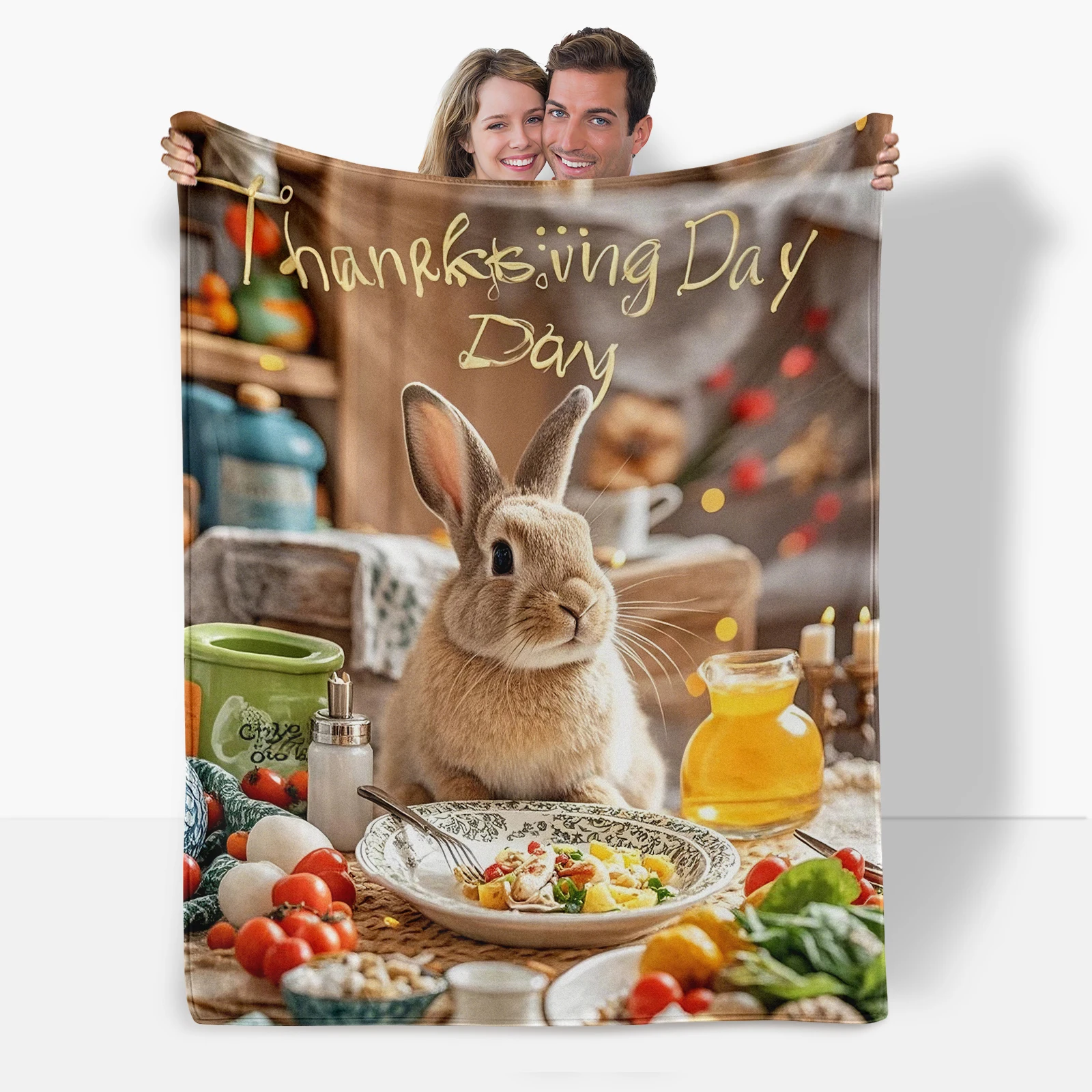 Thanksgiving Flannel Blanket Featuring Cartoon Rabbits Enjoying A Meal At The Table With Heartfelt Messages