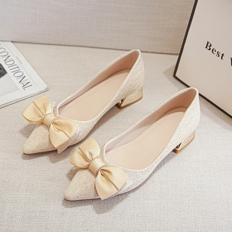 Womens Casual Bow Knot Slip On Pumps French Style Fairy Style Comfortable Fashion Chunky Heel Non Slip All Match Daily Wear