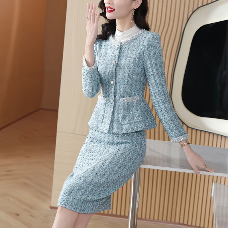 Women\'s Short Coarse Tweed Pearl Inlaid Blazer Half Skirt Set with Retro Round Neck Plaid Woolen Jacket Half Skirt Two-piece Set