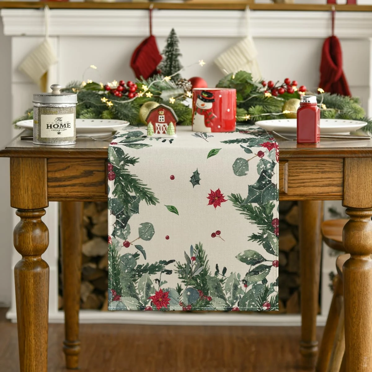 Christmas Poinsettia Holly Berry Linen Table Runner Table Decor Winter Xmas Kitchen Dining Table Runners Christmas Decorations