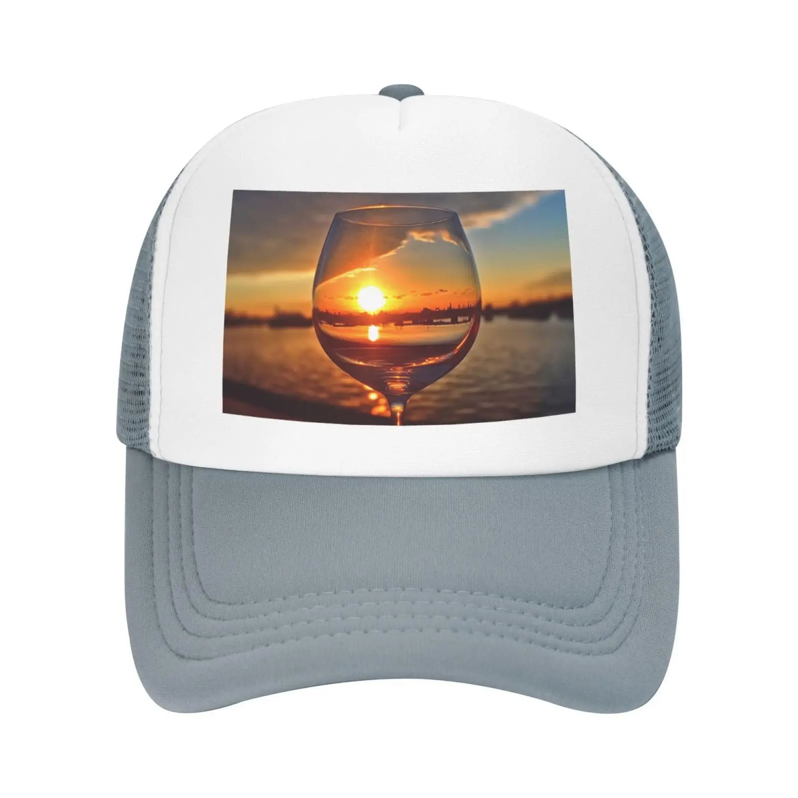 Wine Glass In The Sunset Printed Trucker Hats Baseball Cap Breathable Mesh Adjustable Breathable Outdoor Sports Fishing Hat