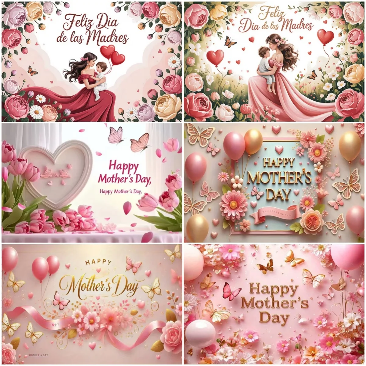 

Happy Mother's Day Decoration Background Colored Balloon Floral Backdrop Banner Mom Love Heart photography Prop Mother's Gifts