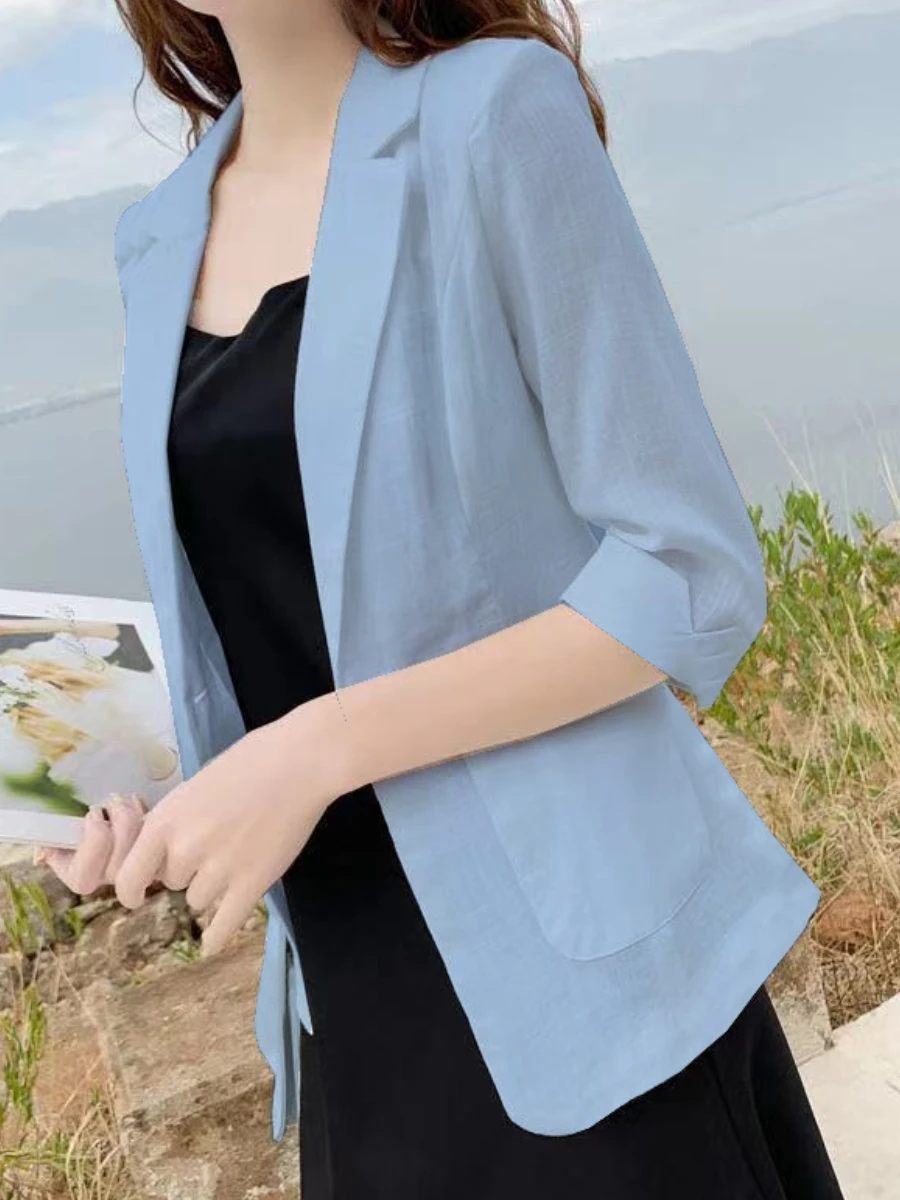 Plus Size Women\'s Suit Jacket Cotton Linen Commuting Wear Oversized Overcoat Thin Loose Fit Tops Casual Fashion Spring Summer