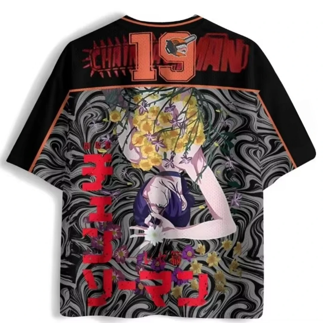 Chainsaw Printed Mesh Black Gray Vortex Sports Quick Drying V-neck Anime Cool Reze Floral Pattern Number 19 Sports Top