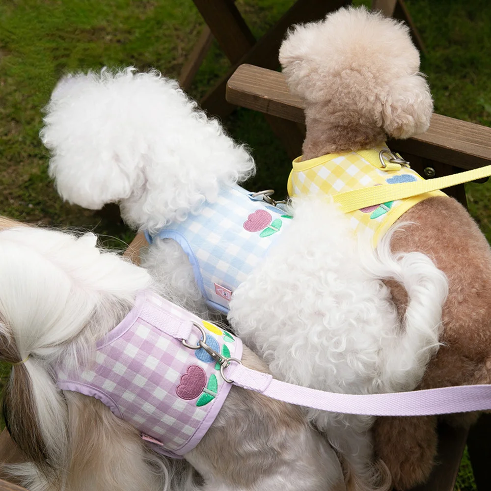 Tulip Embroidered Chest Strap Pull Rope Plaid Chest Strap Walking Dog Cat Vest Clothes Teddy Schnauzer Maltese Chihuahua