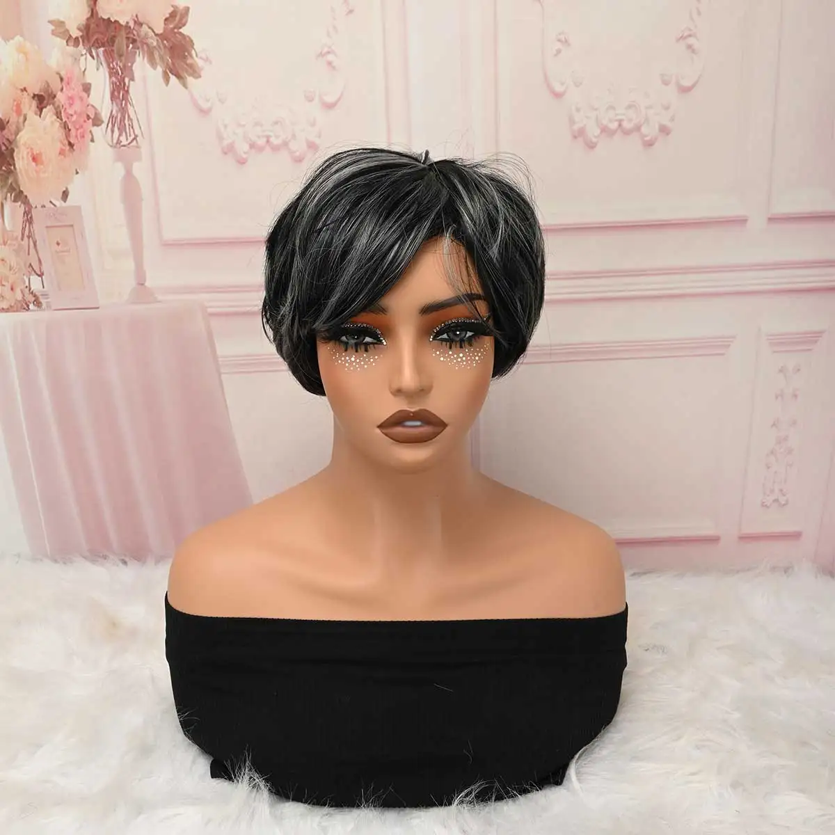 Grey Highlight Short Pixie Cut Synthetic Wig, Salt‑and‑Pepper Side Fringe Realistic Looking Wig for Women Daily Party