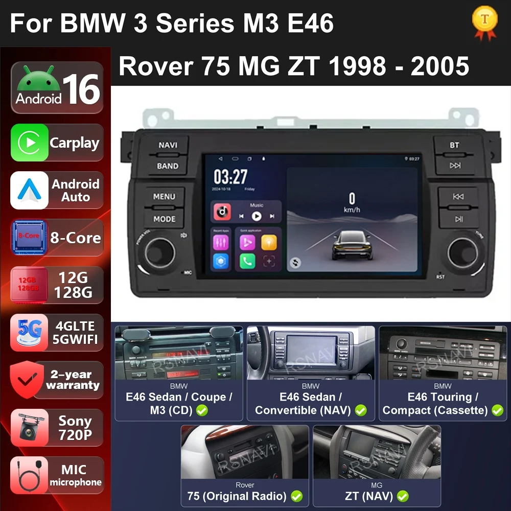 Car Radio Android 16 For BMW 3 Series M3 E46 Rover 75 MG ZT 1998-2005 Multimedia Carplay Android auto Autoradio Stereo Video GPS