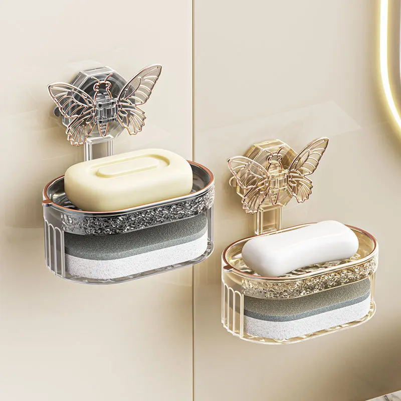 

Wall-mounted Soap Dish Multifunction Bathroom Butterfly Sucker Soap Holder Home Drainable Storage Box Shelf Bathroom Accessories