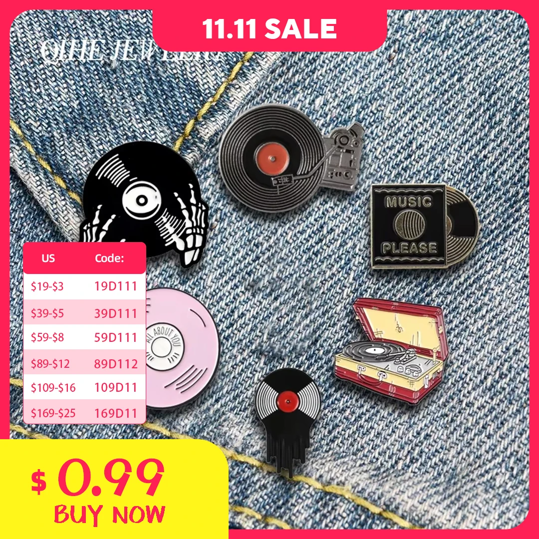 QIHE JEWELRY Music Enamel Lapel Pins Classic Phonograph Vinyl Records Brooches Badges Fashion Pins Gifts for Friends Wholesale