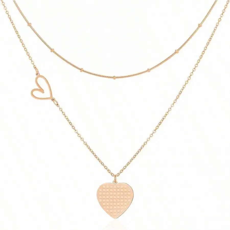 

Двухслойное колье с подвеской в виде сердца из нержавеющей стали с покрытием из розового золота