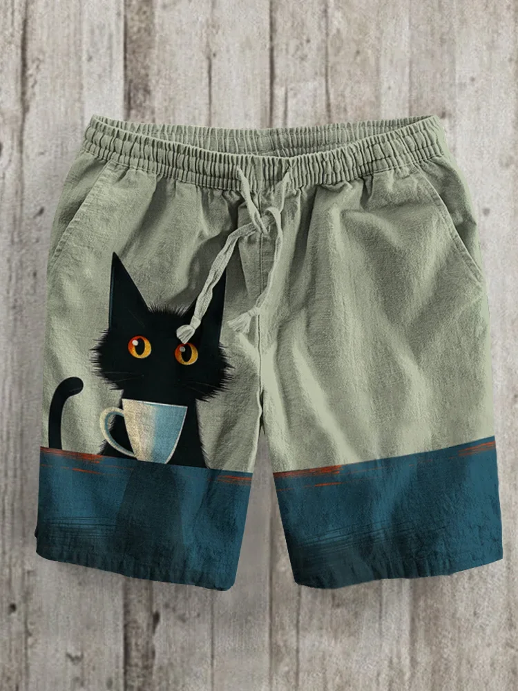 Casual Strandshorts Met Kattenprint Voor Heren Met Zak, Zomer Dagelijkse Buitensportshorts Voor Heren, Groot Formaat, Losse Vakantiebroek