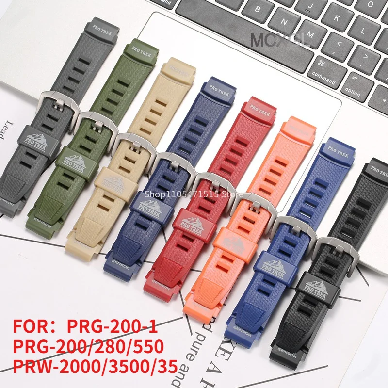 Resin Rubber Watch Strap for Casio PRG-200/PRW-3500/PRW-2000 Black Band Silver/Black Buckle Waterproof Sport + Tool