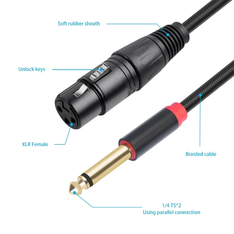 3-Pin XLR Female to Dual 6.35mm Mono Audio Cable TS 1/4 Jack Stereo Aux Cord 6.35 mm Plug to XLR Male Y Splitter Wire Adapter