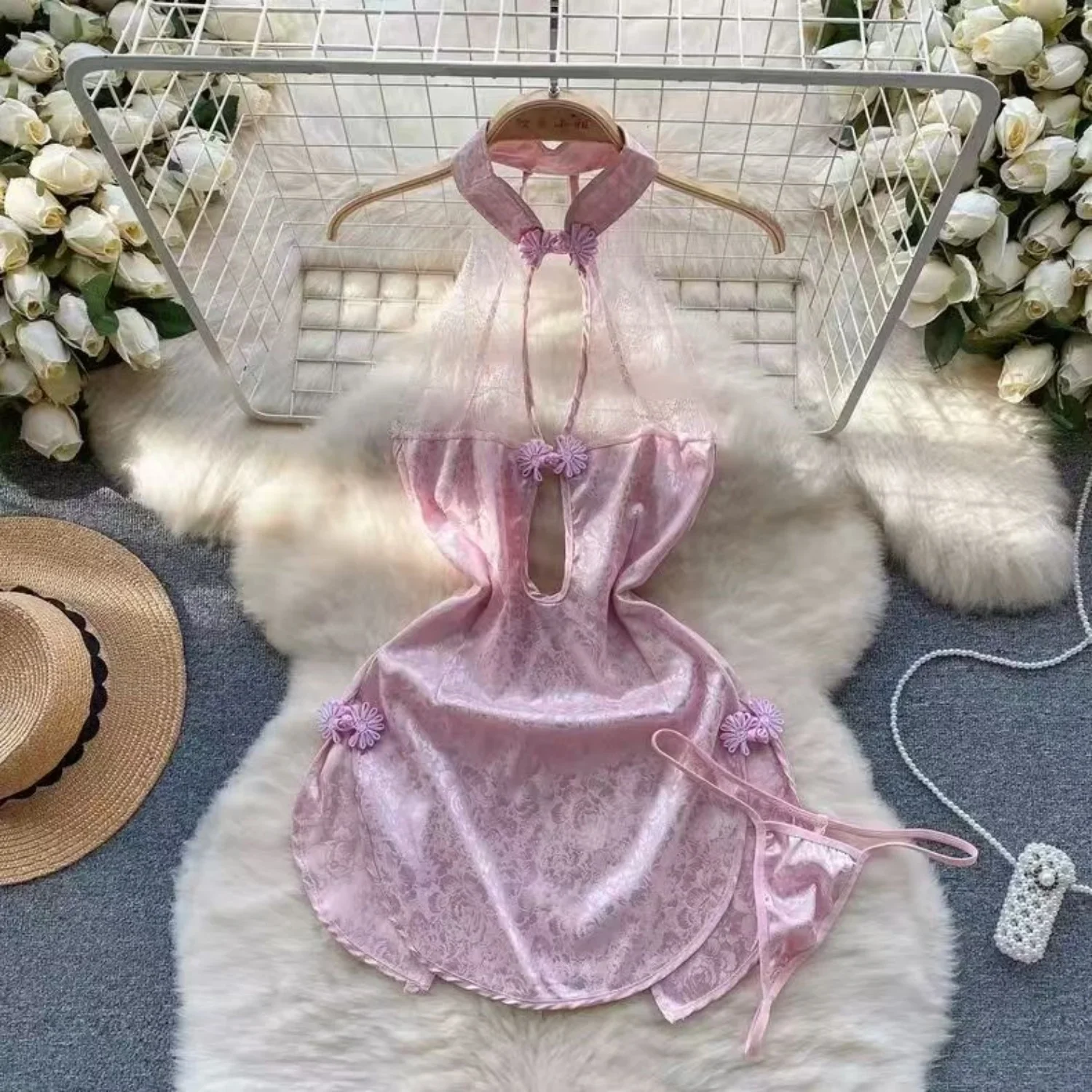 

Сексуальное женское мини-платье Ци Пао розового цвета на шнуровке, женское короткое платье с лямкой на шее, эротическое белье, тонкое облегающее платье для сна, пижама