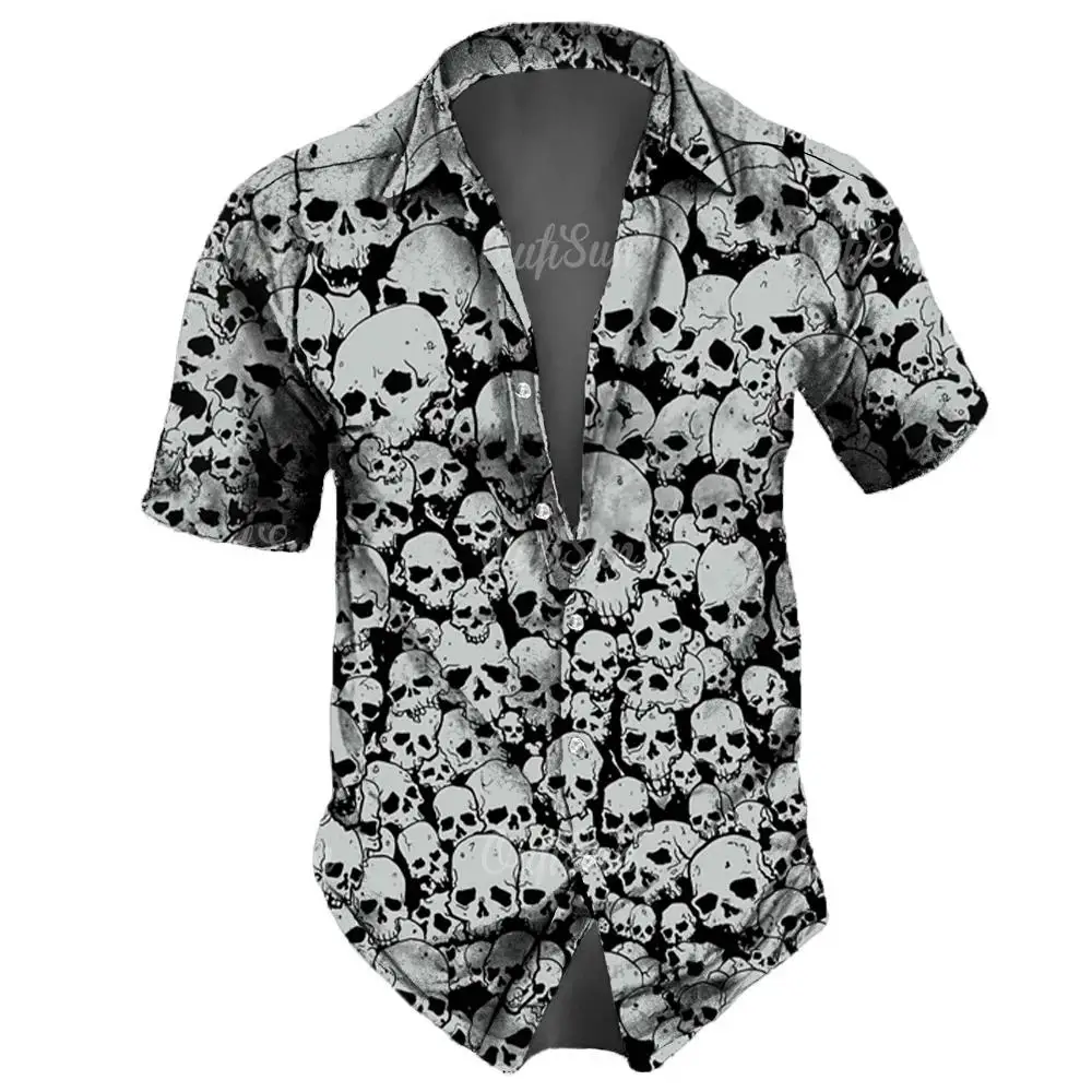 Men\'s casual Hawaiian lapel 3D horror skull retro printed button short sleeved shirt