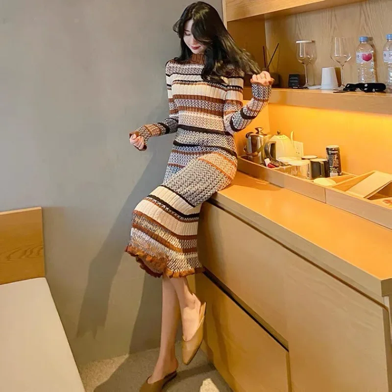 New Arrival Women's Long Dress Knit Fashion Color Block Sweater Base Skirt Korean Style Elegant Slimming Women Clothing