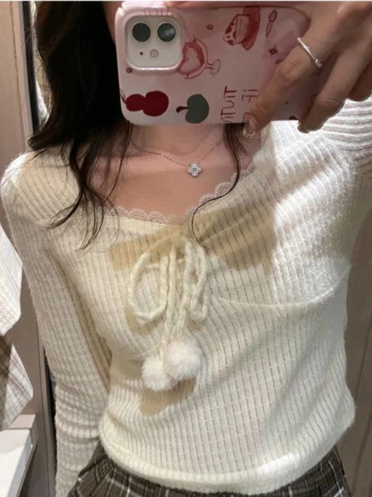 Thin Korean Sweet Tops Women Preppy Kawaii Cute Top Casual Lace-up Long Sleeve T-shirt Female Elegant Slim Lace Teen Tees