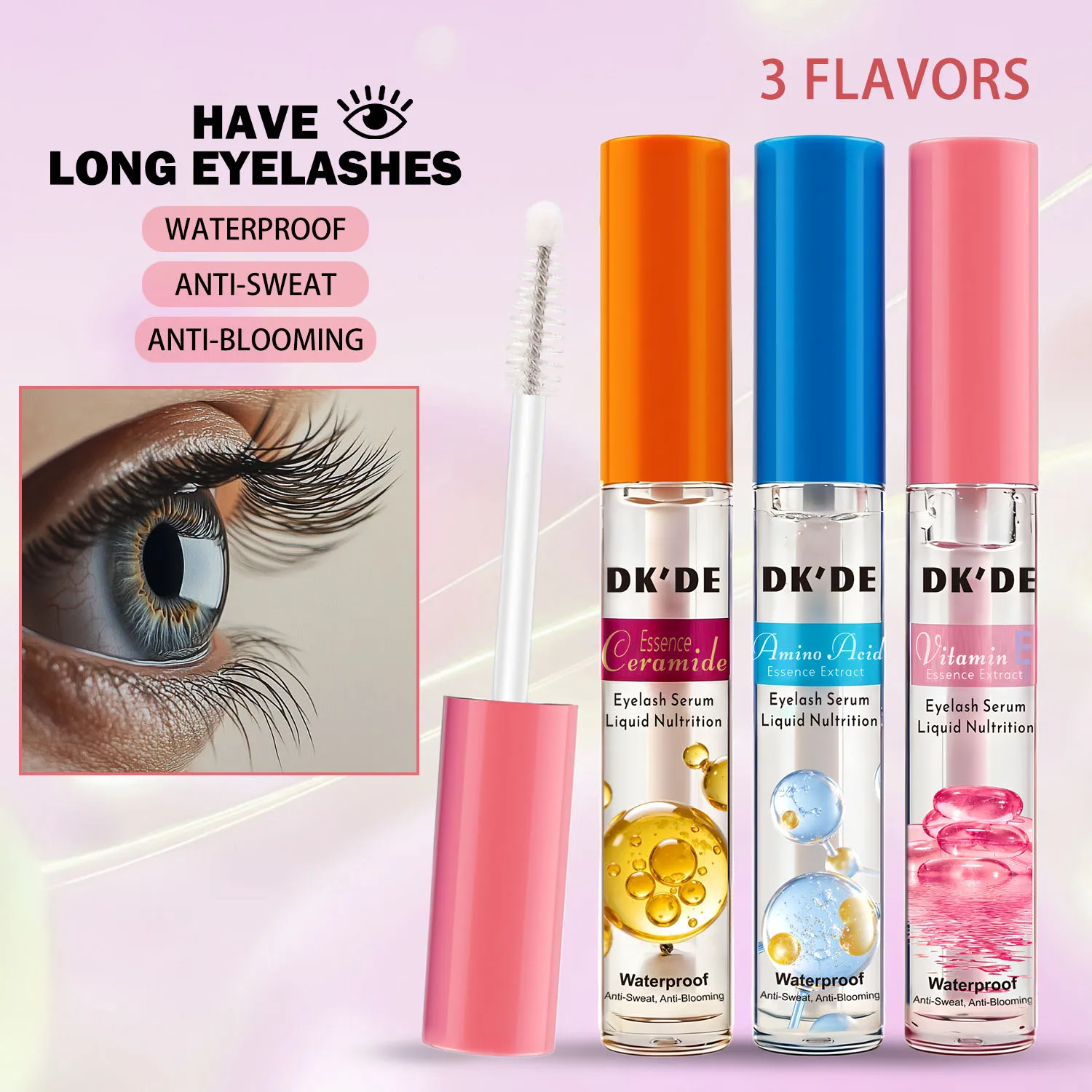 DKDE Eyelash Growth Serum Longer Thicker Waterproof Anti-Sweat Anti-Blooming Non-Sticky Ceramide Hyaluronic Amino VE 3 Flavors