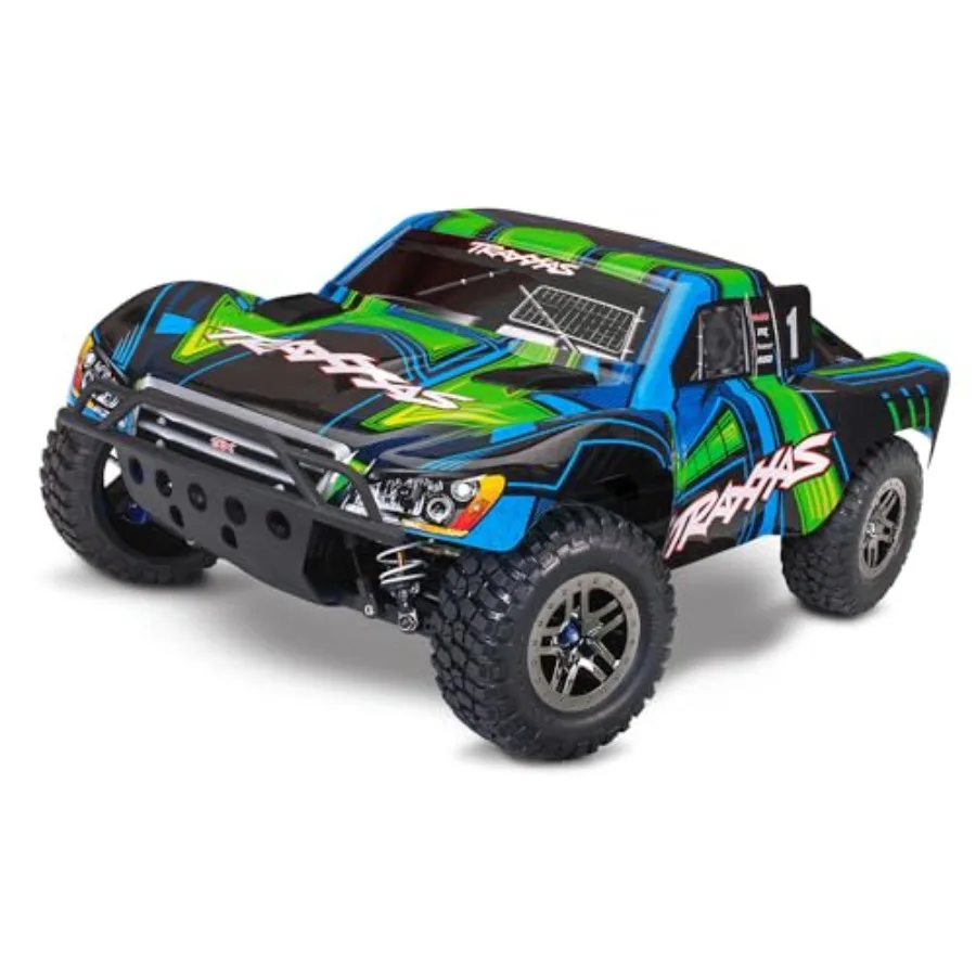 

Short Course Truck RTR for off-road racing, ABS plastic body, green, ready-to-run with pre-installed electronics and durable su