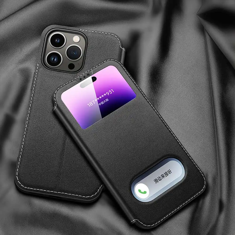 Genuine Leather Case For Iphone 15 Pro Max Case For Iphone 15Pro Cover Window View Coque For Iphone 15 Plus Phone Protector