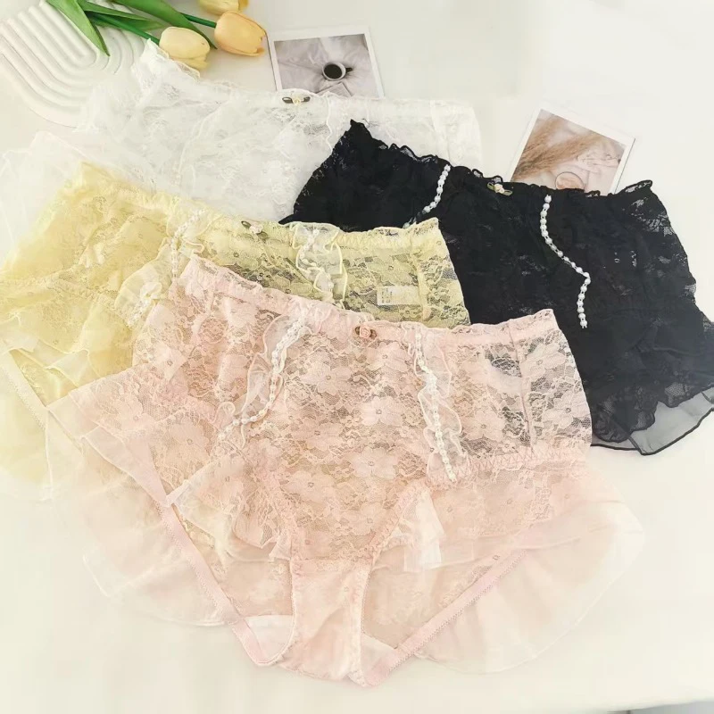 3XL Plus Size Seductive Women's Panties Ruffled Mesh Floral Lace Mid-Waist Briefs Pearl Chain Cute Sheer Tulle Underwear