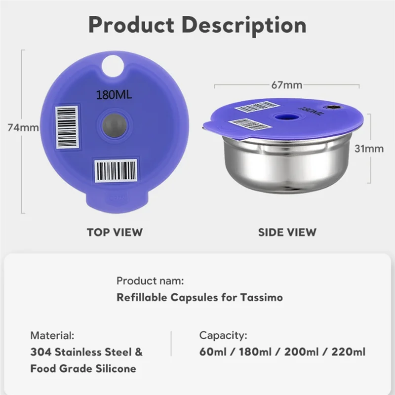 A58E-Coffee Capsule Pod for Bosch Tassimo Machine Refillable Filter Pod Silicone Lid Replacement 220Ml Espresso Coffee