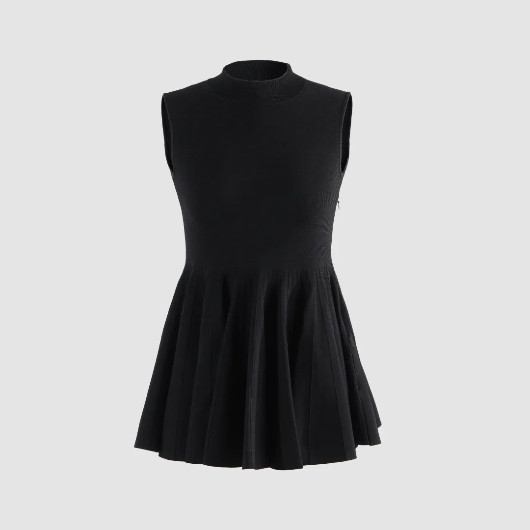 2026 Women's Sleeveless Mock Neck Pleated Peplum Top | Slim Fit Flared Knit Top (Black)