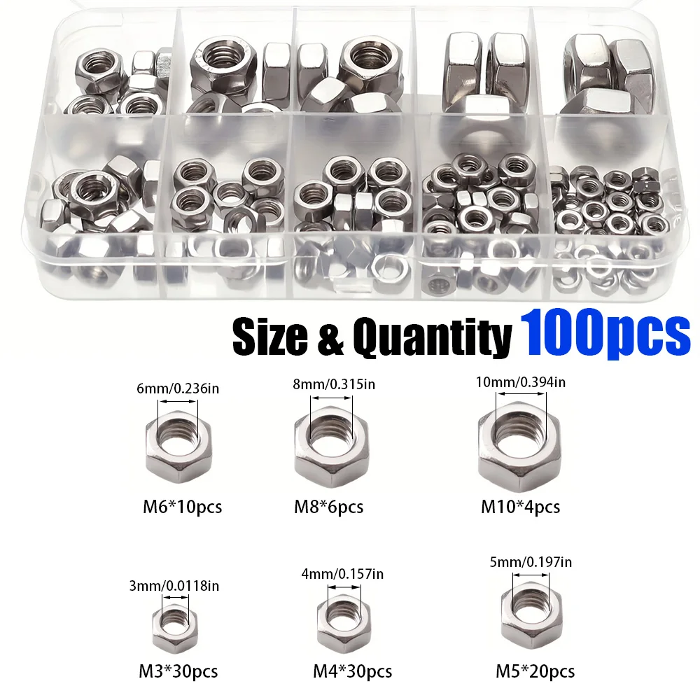 100-Piece Stainless Steel Hex Nuts Set, Sizes M3-M10, Industrial Equipment Accessories, Suitable for Home & Building Maintenance