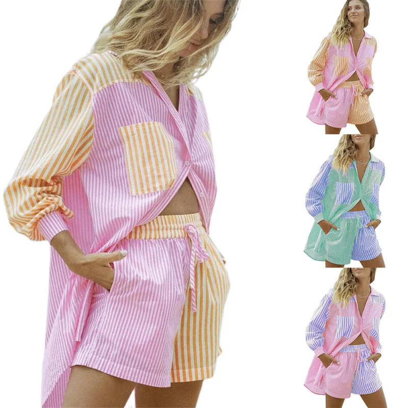 

New European and American Shirt Suit Shorts Lapel Single Breasted Home Casual Striped Loose Pockets Women's Shirt