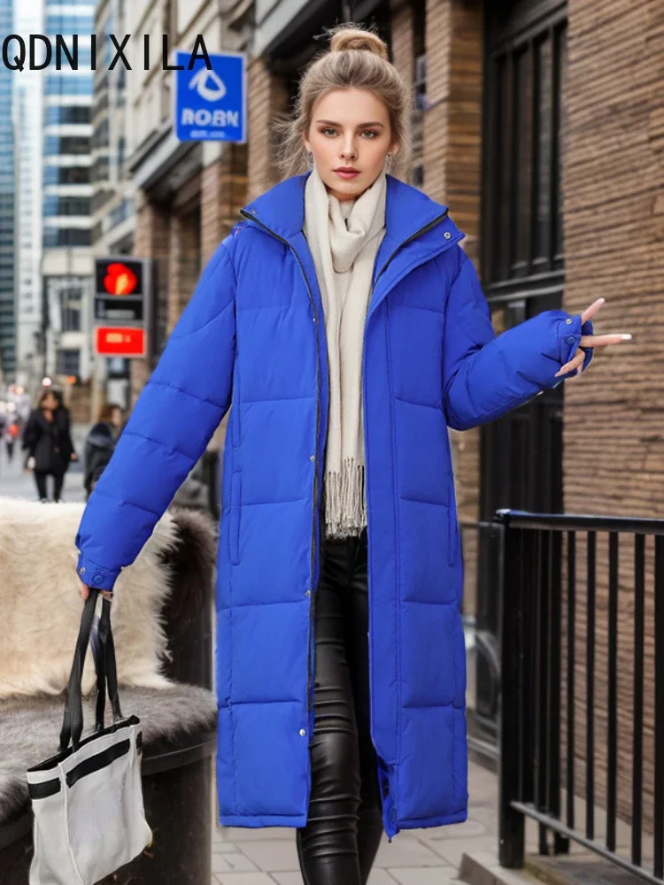 Jaqueta de inverno feminina engrossado longo sobre o joelho casacos elegantes com capuz novo outerwear roupas femininas preto quente parkas