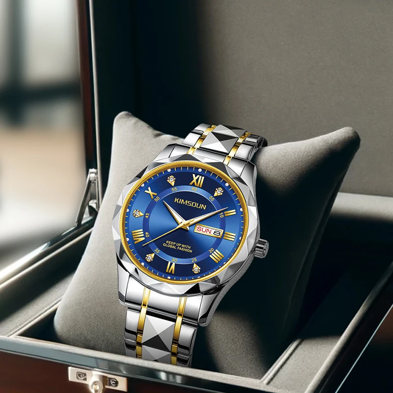 

A men's business-style luxury calendar quartz watch with blue dial, gold-accented stainless steel strap, and diamond details