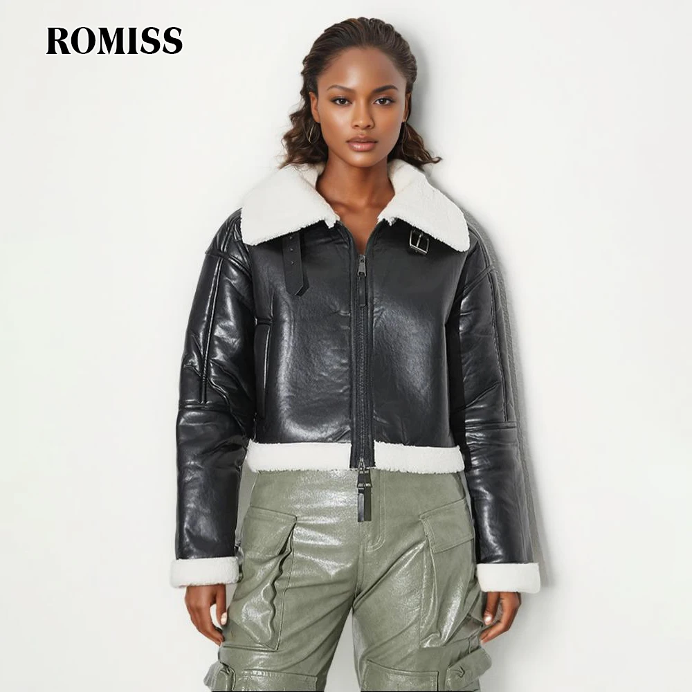 

ROMISS Colorblock Slimming Leather Jacket For Women Lapel Long Sleeve Patchwork Zipper Streetwear Jackets Female Fashion