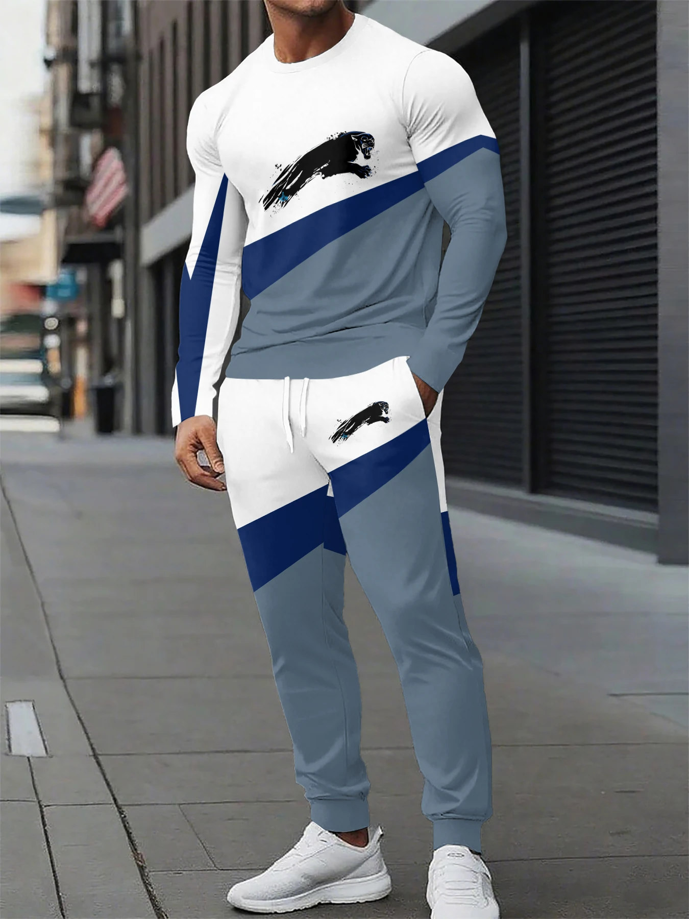 

Autumn Men's Long Sleeve Pullover Sweatshirt 2 Piece Outfits Striped Print TShirts Tracksuit Set Drawstring Waist Jogger Set