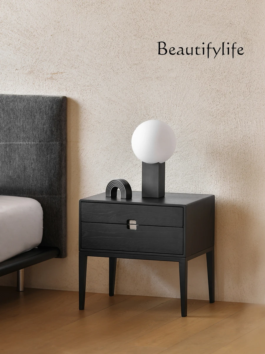 Nordic Simple Modern Solid Wood Chest of Drawer Side Table Bedside Double-Drawer Black Solid Wood Side Cabinet