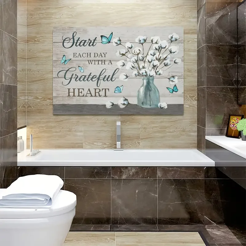 صورة زهرة قطنية ريفية لديكور الحمام ، فن جداري لمزرعة المنزل بدون إطار ، رسم ريفي ، اقتباس ملهم ، 1: 1000