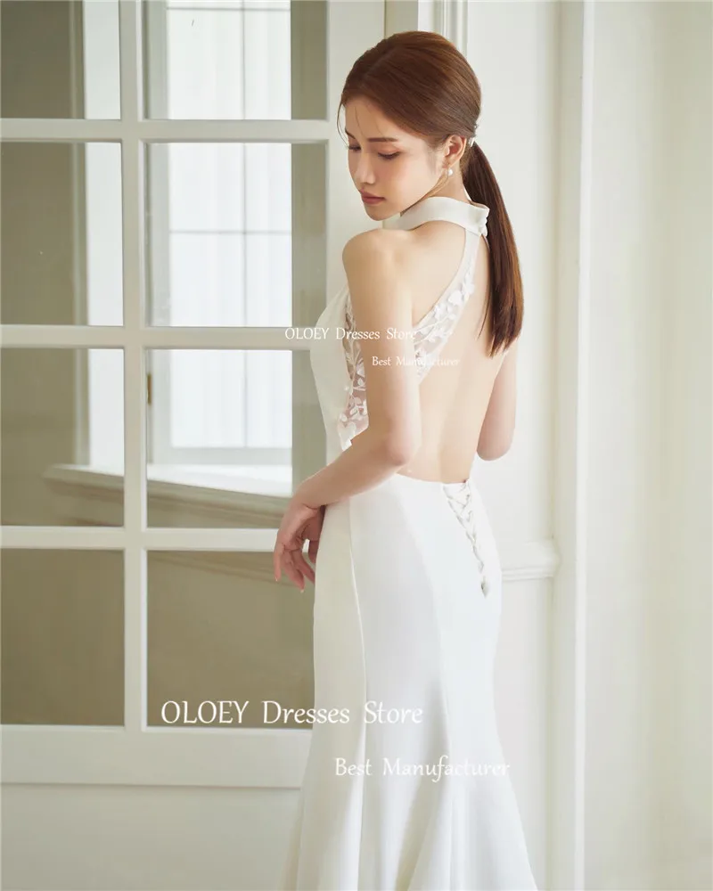 OLOEY High Neck Mermaid Korea Wedding Dresses Photoshoot Soft Satin Backless Sexy Bridal Gowns Elegant Custom Made