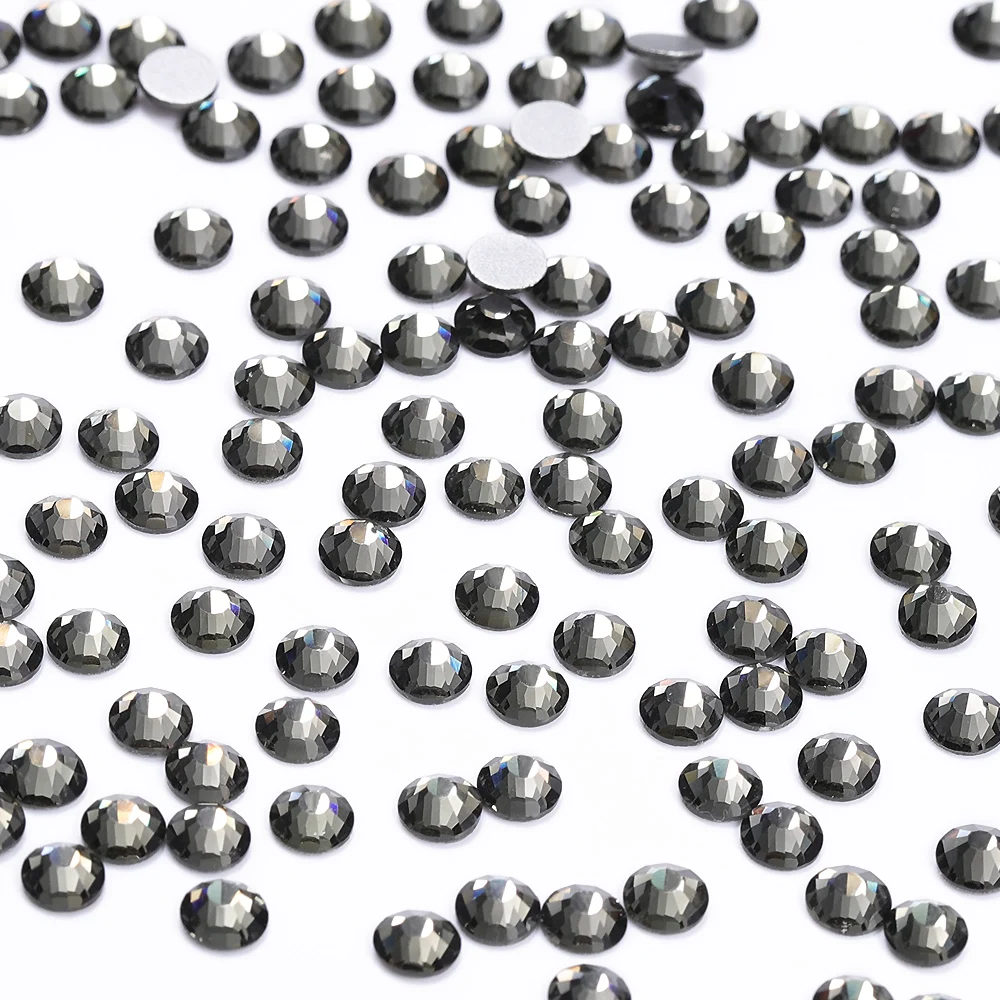 All Size SS3-SS60 Black Diamond Glass Flatback Rhinestone High Quality Round Silver Base Gray Glue On Stones for DIY Nails Art