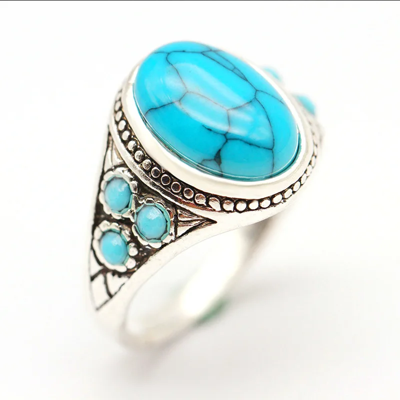 Mens Jewellery Turquoise Men\'s Ring Ancient Silver Natural Stone Rings for Men Birthday Party Indian Jewelry Gift Anillo Hombre