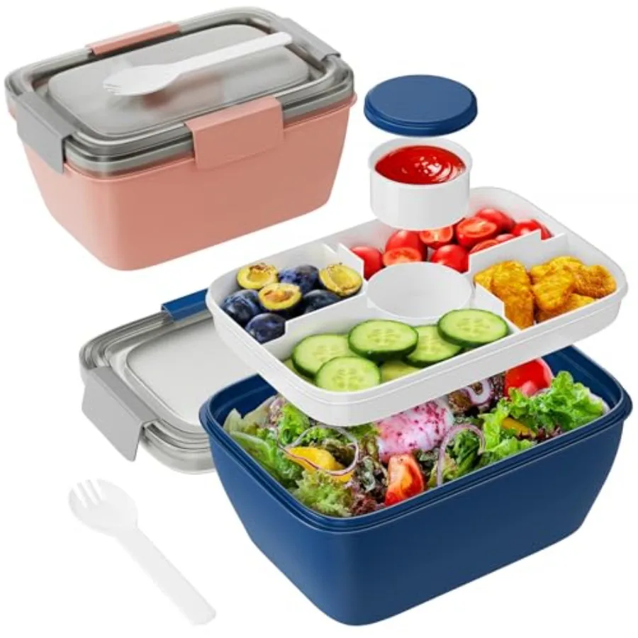 Large Salad Container for Lunch, 2 Packs 68oz Salad Bowls with 5 Compartments, Salad Dressings Container for Salad Toppings, Sn