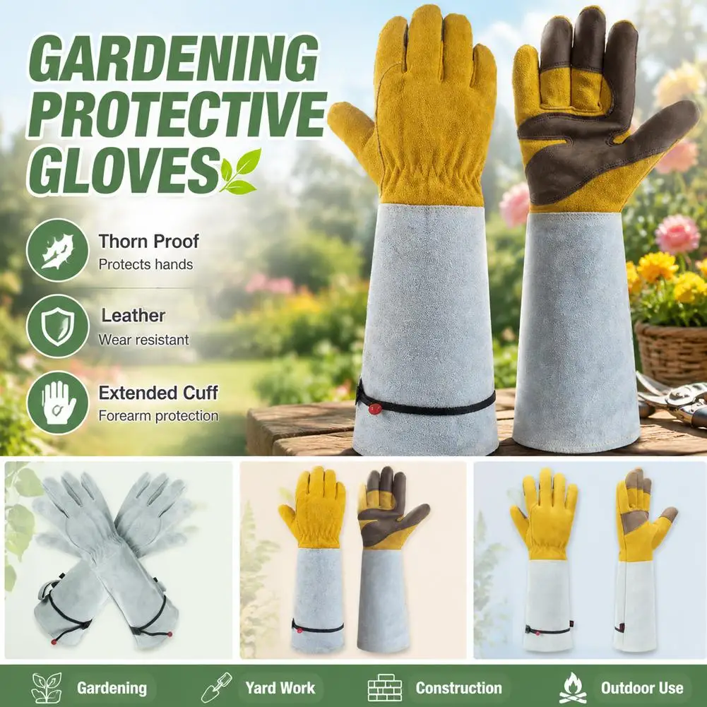 Cowhide Long Tube Gardening Gloves Stab Resistant Labor Protection Gloves for Garden Construction Sites
