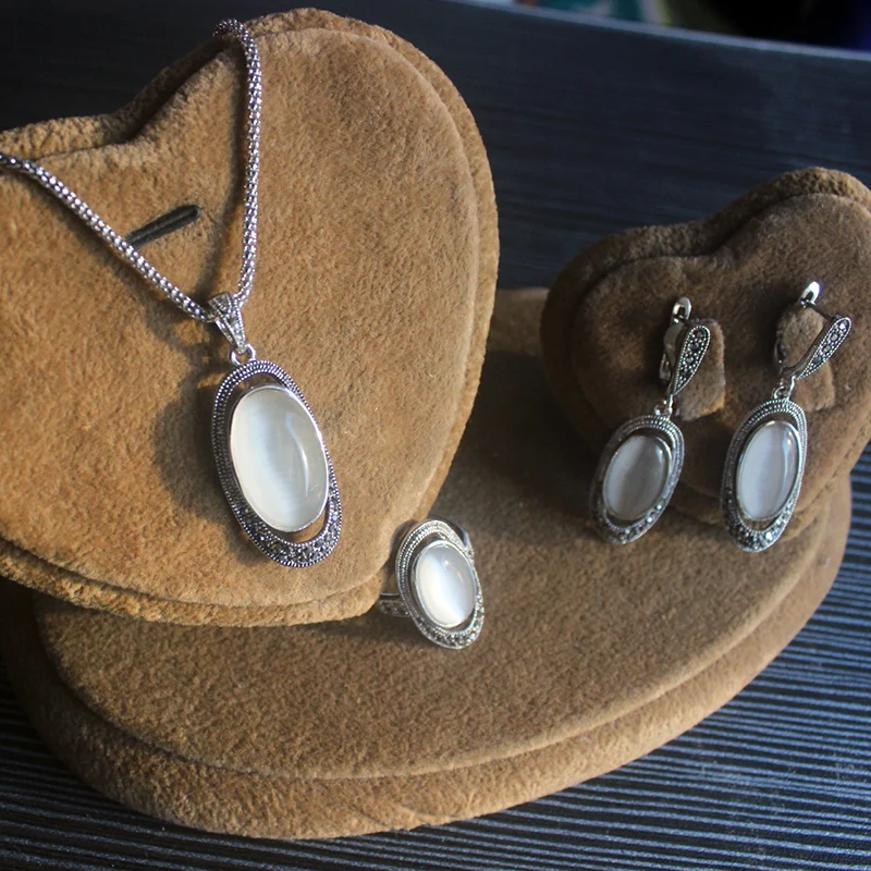 Ajojewel White Opal Jewelry Sets Vintage Jewelry Set Stone Earrings Necklace & Pendant