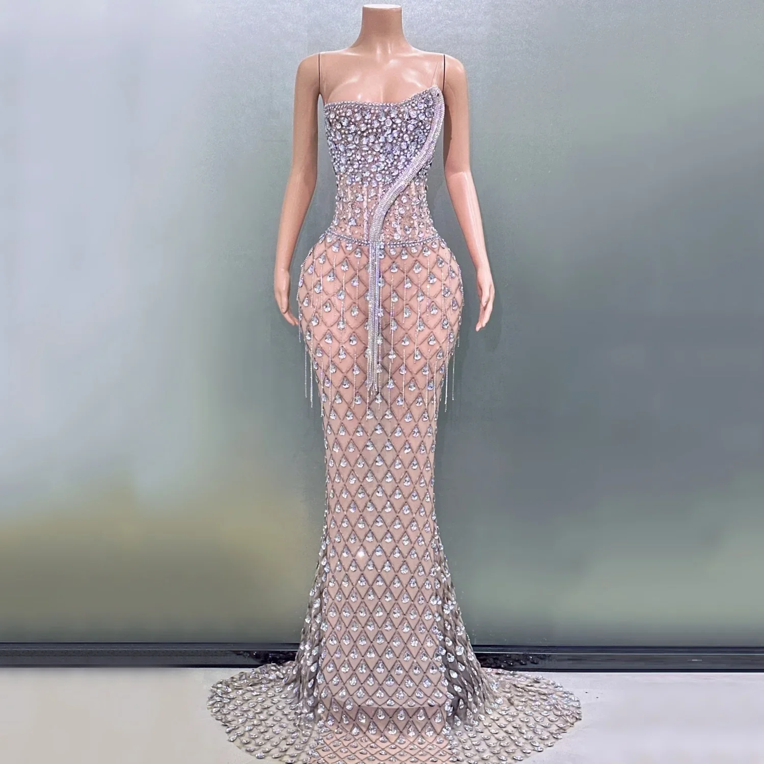 

Birthday Party Outfit Luxury Rhinestone Sexy Strapless See-Through Fishtail Dress Evening Party Performance Costume Nightclub Si