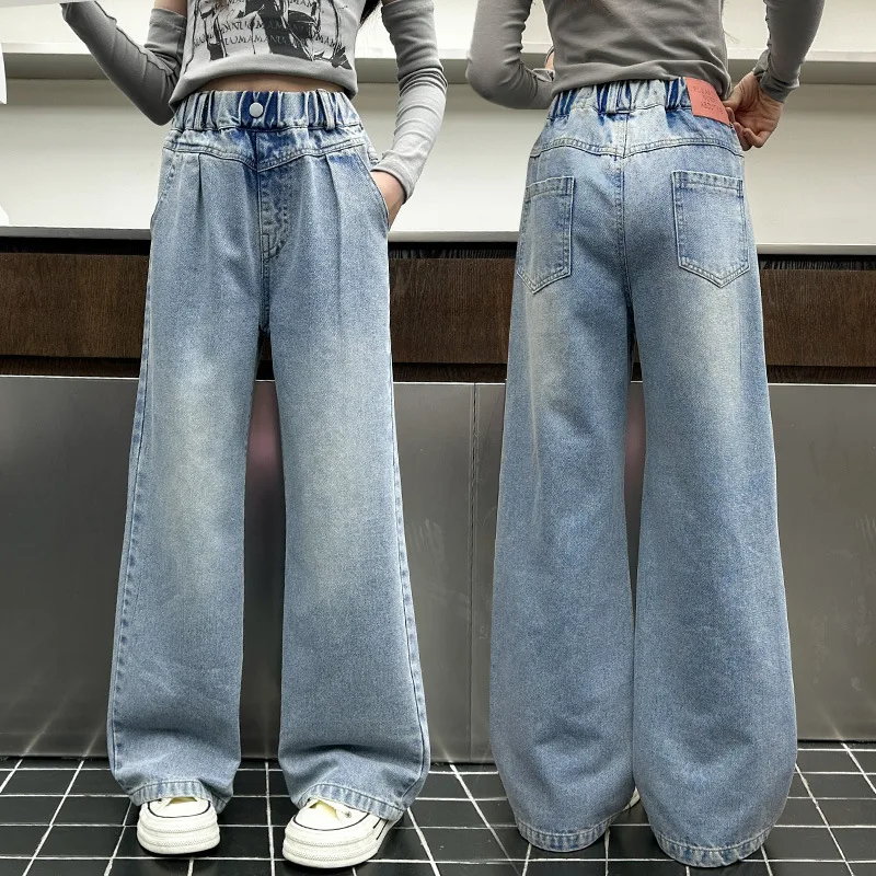 

Girls Loose Casual High Waist Straight Denim Pants For Kids Child Girl Retro Blue Washed Wide Leg Jeans Fashion Streetwear Hot