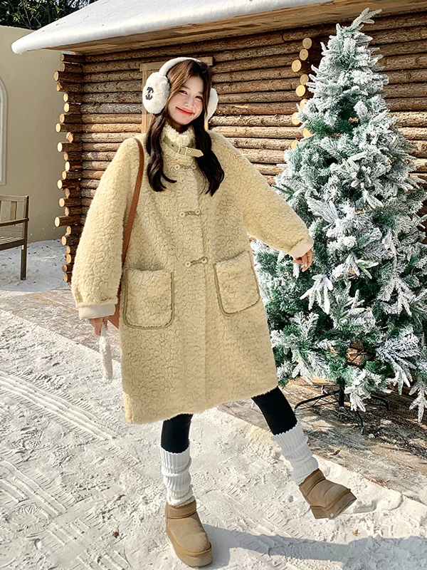 

Sle Women's Mid-Length Lamb Fur Coat Warm Thiened Autumn Winter New Arrival Slimming Lamb Velvet Outerwear