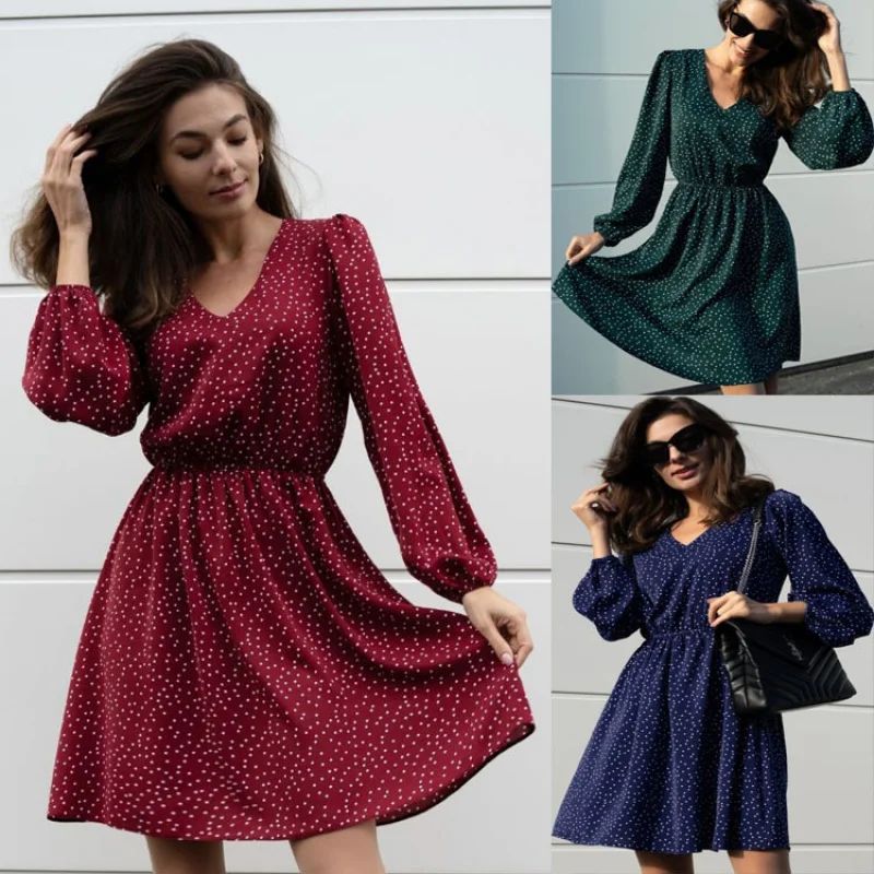 

Women's Fashion Independent StoreVLong Sleeve Polka Dot Casual Elegant Waist-Cinching Dress