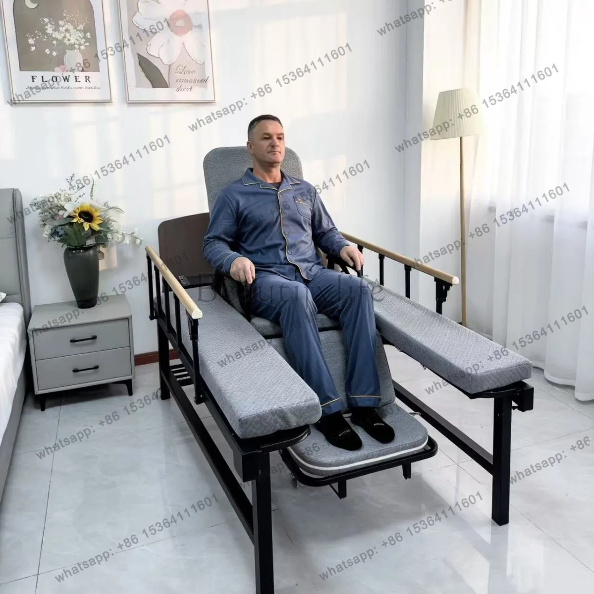 Hand-cranked multi-functional separate household seated and reclining bed for the elderly, one-click wheelchair separation