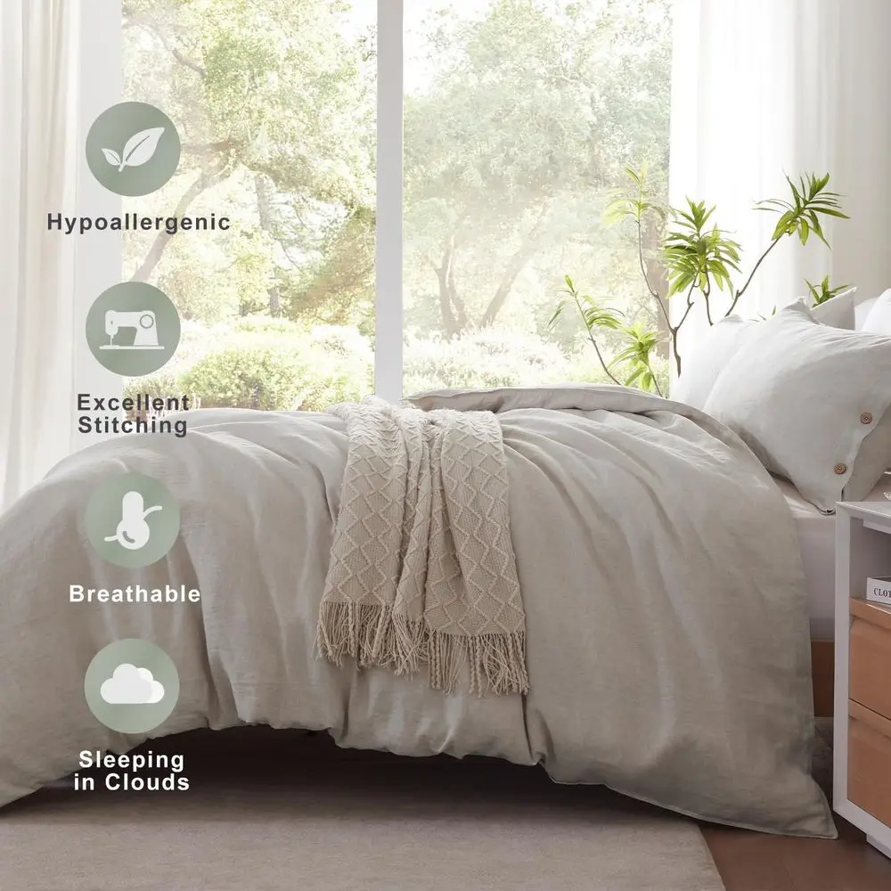 طقم غطاء لحاف كوين مقاس 100% مع كيس وسادتين، زر إغلاق، مفروشات ناعمة وجيدة التهوية على طراز المزرعة باللون الطبيعي L #3