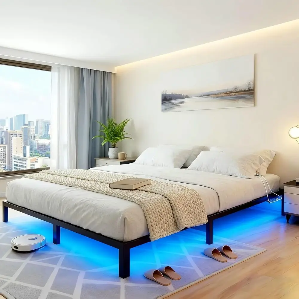 Base de Cama Matrimonial Flotante con LED y Enchufe, Base de Cama de Metal King Size, Apta para Adultos, Color Negro con Iluminación