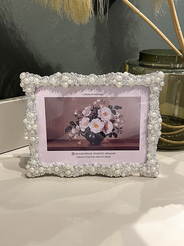 

Light luxury creative European metal pearl photo frame table 6/7/8/10 inch wall wedding photo frame bedside ornament